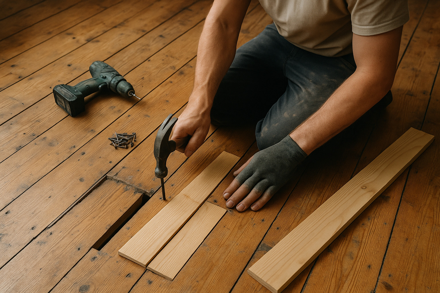Technician repairing Victorian pine floorboards (softwood) in Southwest London, replacing damaged boards and securing fixings before sanding and staining wood floors.