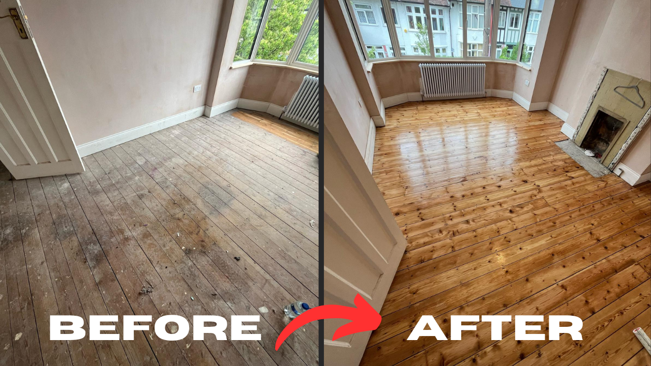 Split-screen before-and-after of staining wood floors in Southwest London: Victorian pine floorboards (softwood) sanded, gap-filled, then stained to a warm honey tone and sealed to a satin finish in a bay-window bedroom.