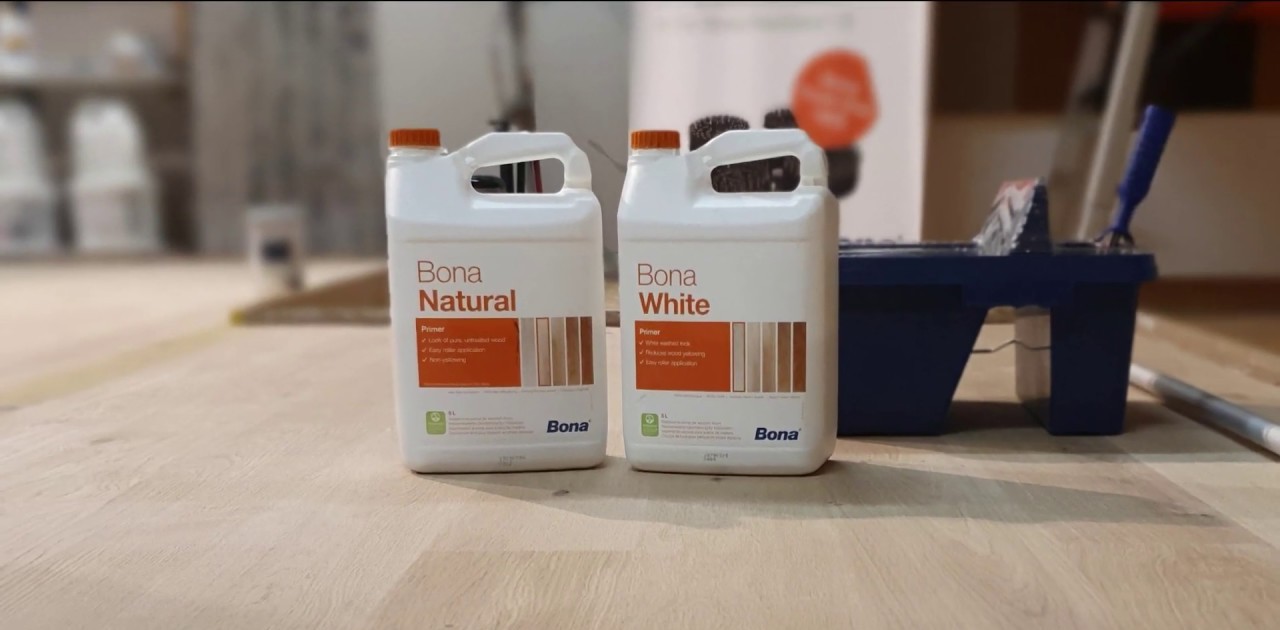 Bona Natural and Bona White primers on sanded Victorian pine floorboards (softwood) in Southwest London, ready to seal colour after staining wood floors.