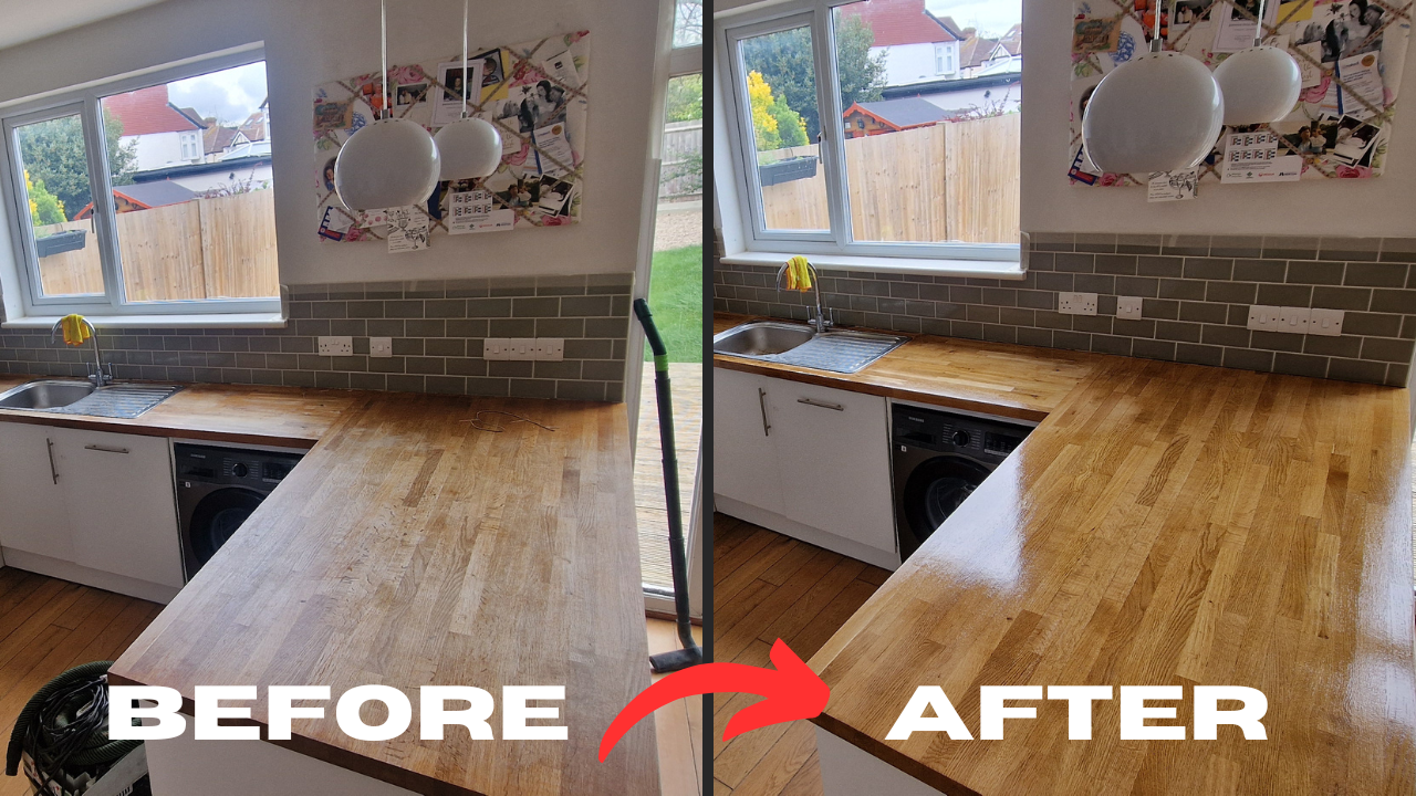 Worktop Refinishing in South West London showing before and after of a solid oak kitchen worktop and hardwood plank floor restored to a smooth, glossy finish.