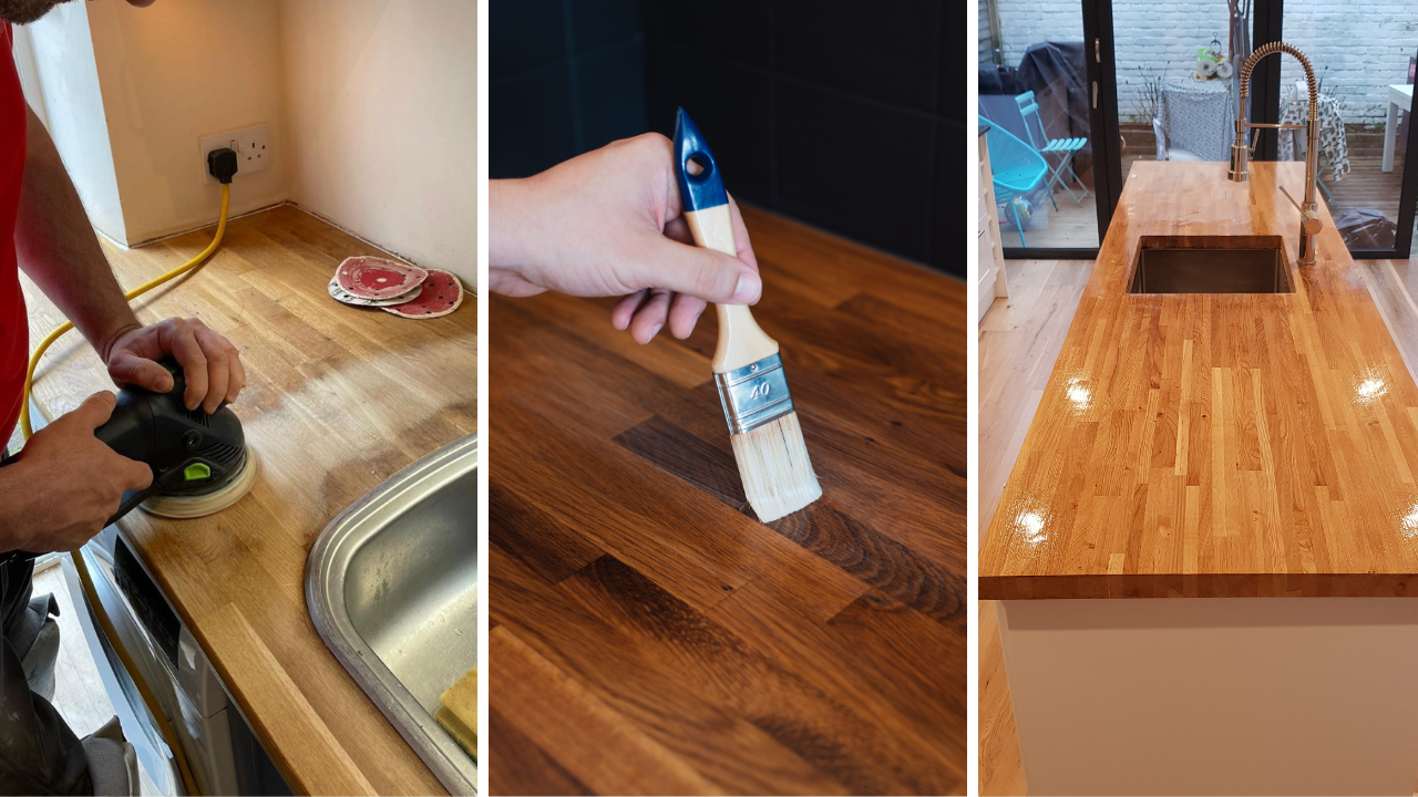 Worktop Refinishing in South West London shown in three stages on solid oak kitchen worktops, with a light engineered oak plank floor in the background.