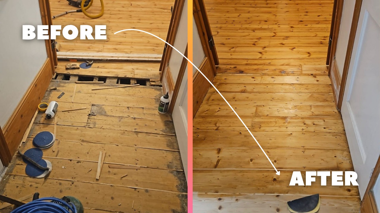 Wood Floor Sanding in south west london hallway showing before and after restoration of original pine floorboards with repairs and refinishing
