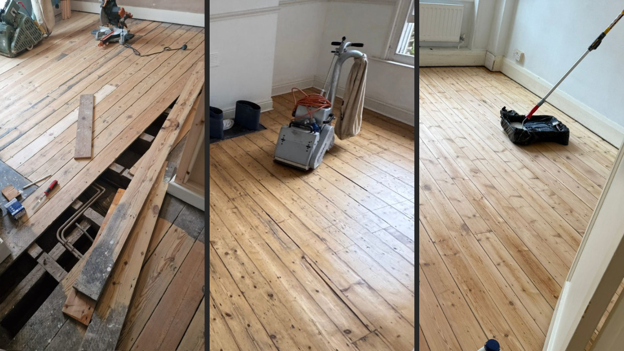 Wood Floor Sanding in South West London showing repair, sanding and finishing stages on pine softwood floorboards in a living room