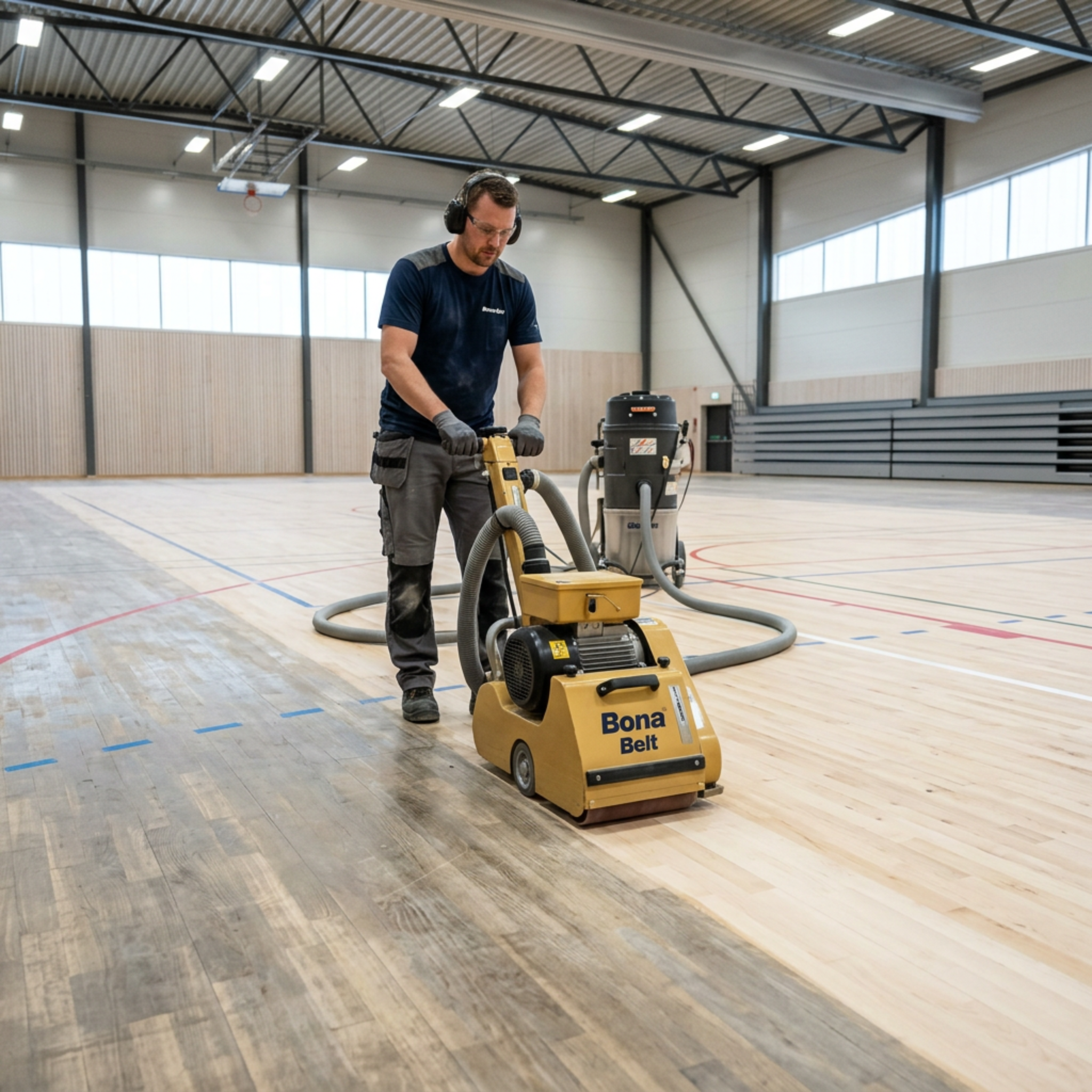 Floor sanding specialist restoring a wooden sports hall floor with Bona belt sanding equipment in a large indoor gym