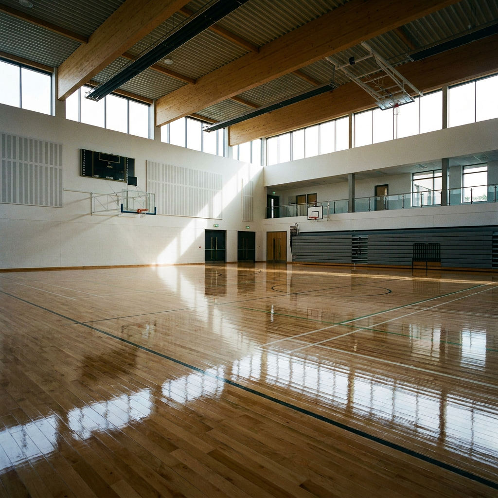Commercial Sports Hall Floor Refinishing Polished wooden sports hall floor with high-gloss finish