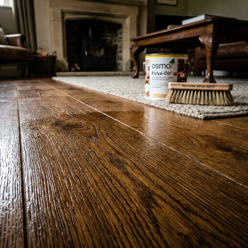 Hardwax Oil vs Lacquer Wood Floor Maintenance Close up of oak floorboards treated with Osmo Polyx-Oil