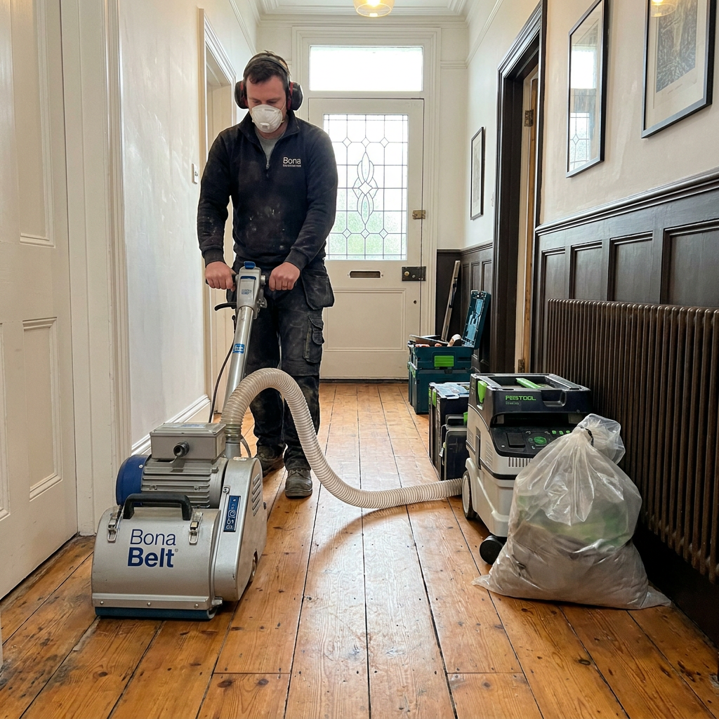 Tradesman using Bona Belt sander on Victorian pine floorboards in a hallway