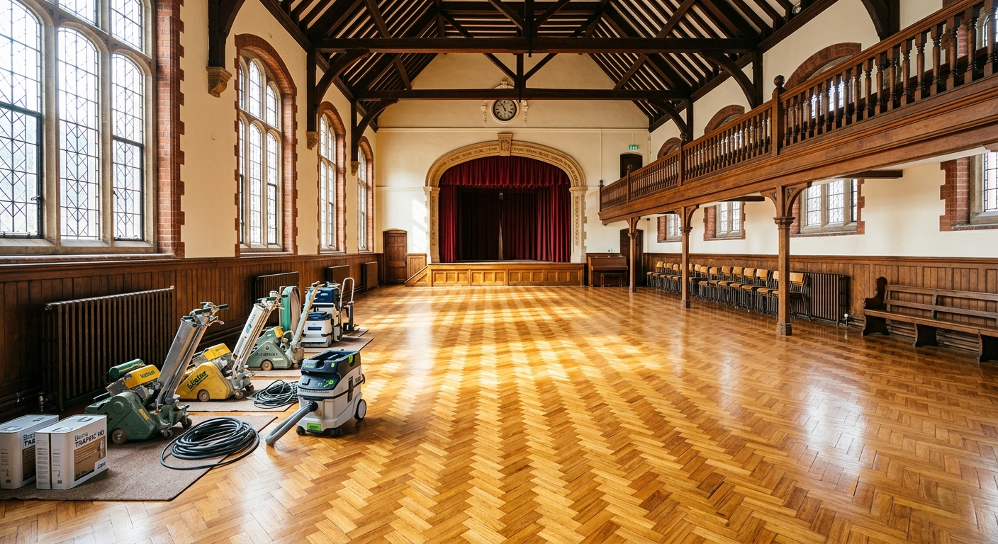 A beautifully restored herringbone parquet floor in a historic South West London school assembly hall featuring professional sanding equipment and Bona high-traffic finishes.