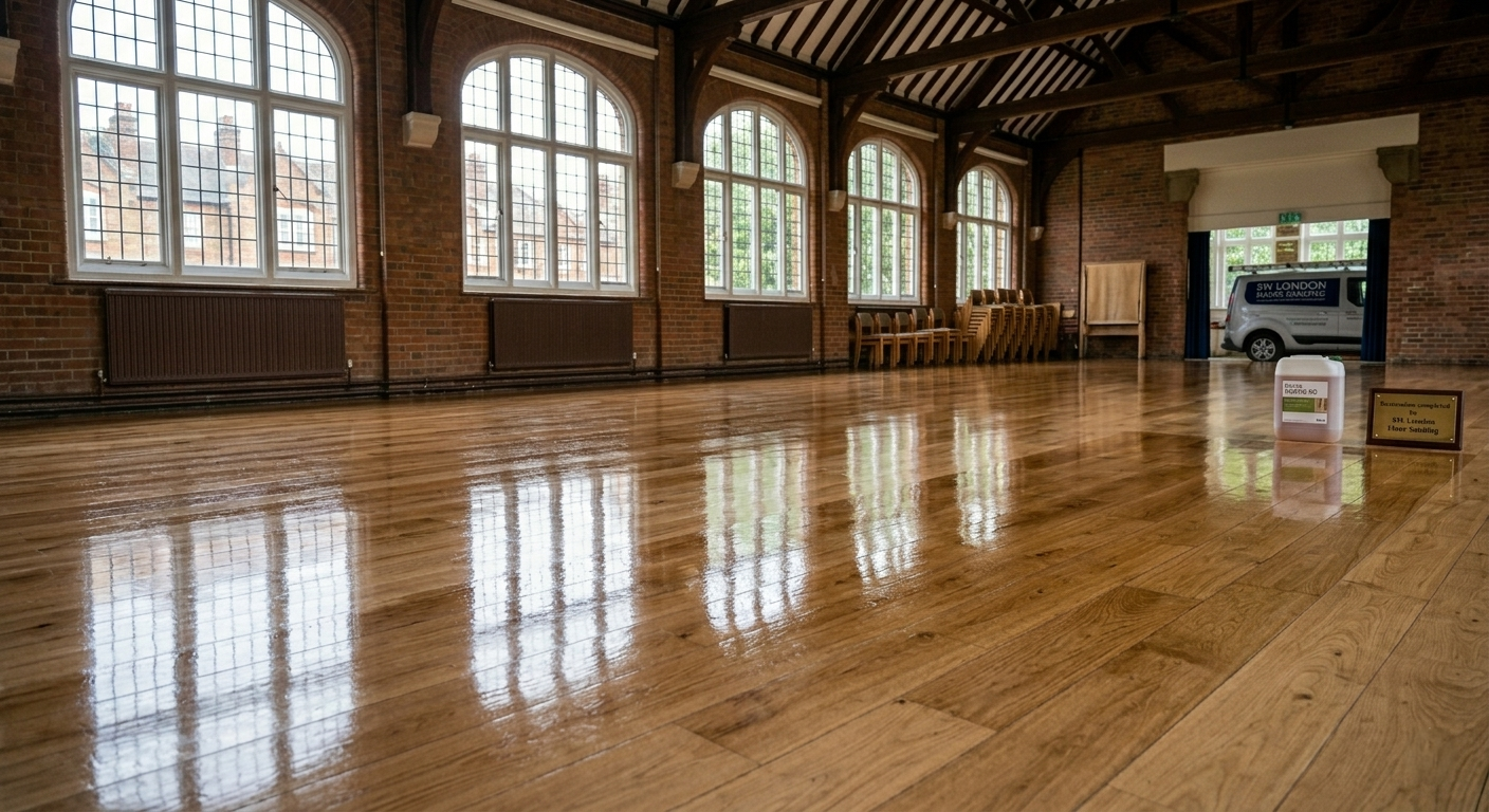 A wide-angle view of a professionally restored and sealed hardwood floor in a traditional South West London school hall, showing a high-gloss reflective finish, historic brick walls, and arched windows.