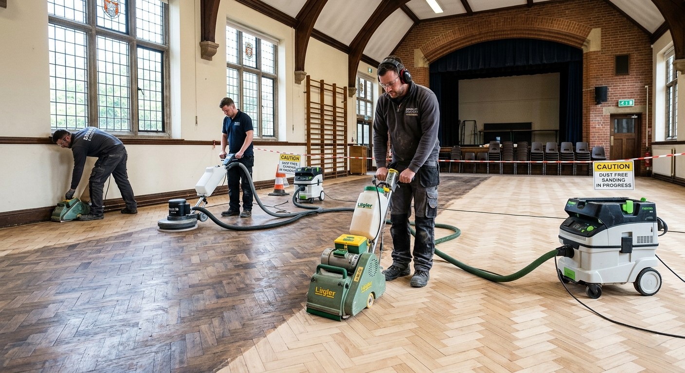 Expert contractors using dust-free Lägler and Festool equipment to perform school floor restoration in South West London on a classic herringbone parquet hall.