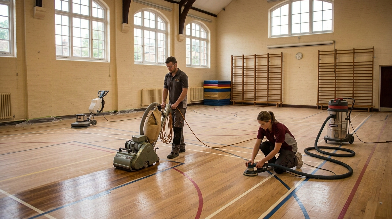 Professional School Wood Floor Sanding South West London Professional school floor sanding contractor in South West London restoring a large wooden sports hall floor with dust-free machinery.Professional school floor sanding contractor in South West London restoring a large wooden sports hall floor with dust-free machinery.