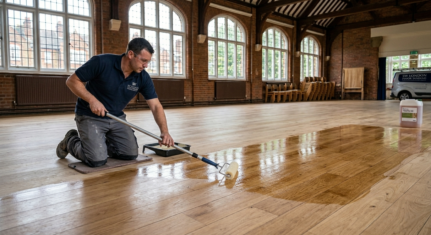 Professional floor sanding technician kneeling and applying a glossy sealant to a renovated wooden floor in a large, traditional school hall with large windows and a high ceiling.