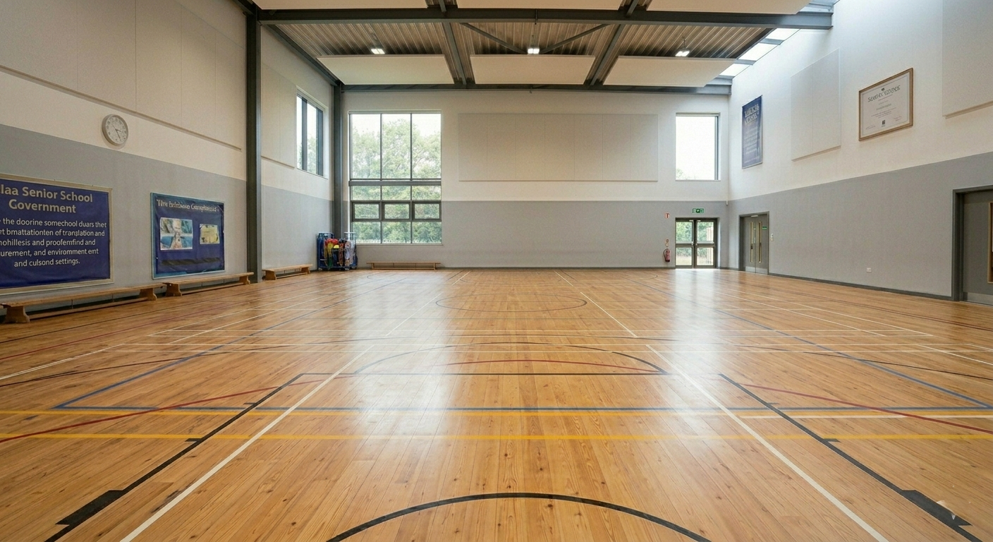 A wide-angle view of a professionally restored wooden sports hall floor in a South West London school, featuring fresh court markings and a high-gloss durable finish.