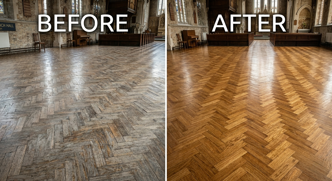 Church wood floor restoration in South West London after complete sanding and refinishing. The newly restored oak parquet floor is gleaming with a rich, uniform satin finish and visible herringbone pattern, showing the work of an experienced commercial floor sanding contractor.