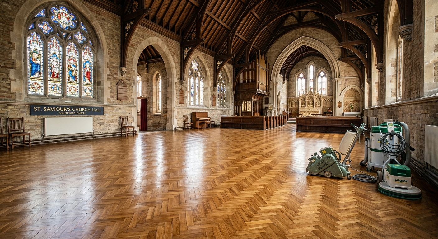 Dull and Worn Oak Parquet: The ‘Before’ State of a Church Wood Floor in South West London (SW) Church wood floor restoration in South West London before sanding and refinishing. The old, worn oak parquet floor is dull, grimy, and heavily scratched, needing a commercial-grade repair and resurface from a professional floor sanding contractor.