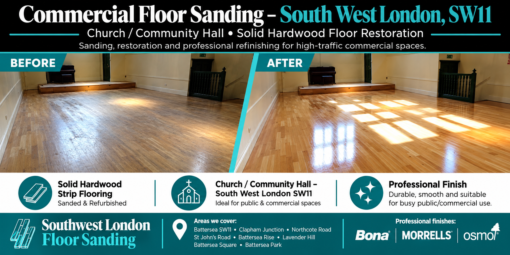 Before and after solid hardwood floor sanding in a church or community hall in South West London SW11