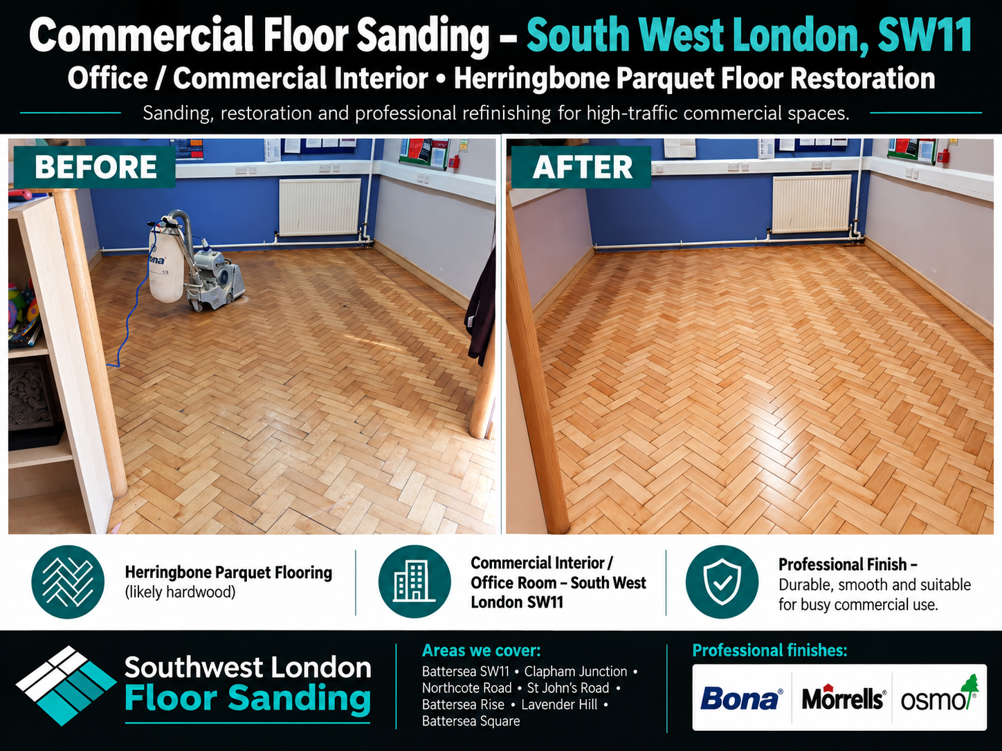 Before and after herringbone parquet floor sanding in a commercial office in South West London SW11